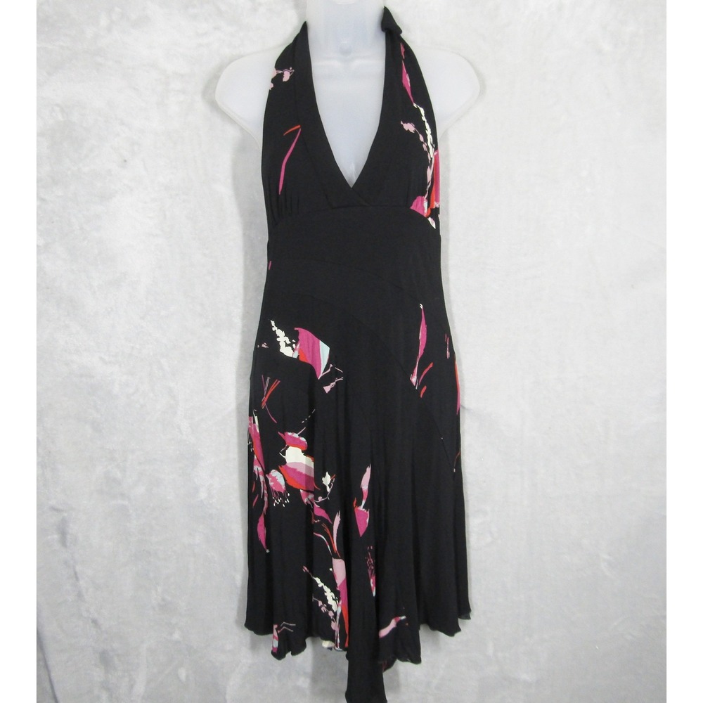 Bebe Black Floral Halter Dress Women's Large Sleeveless Made in USA Y2K Vintage